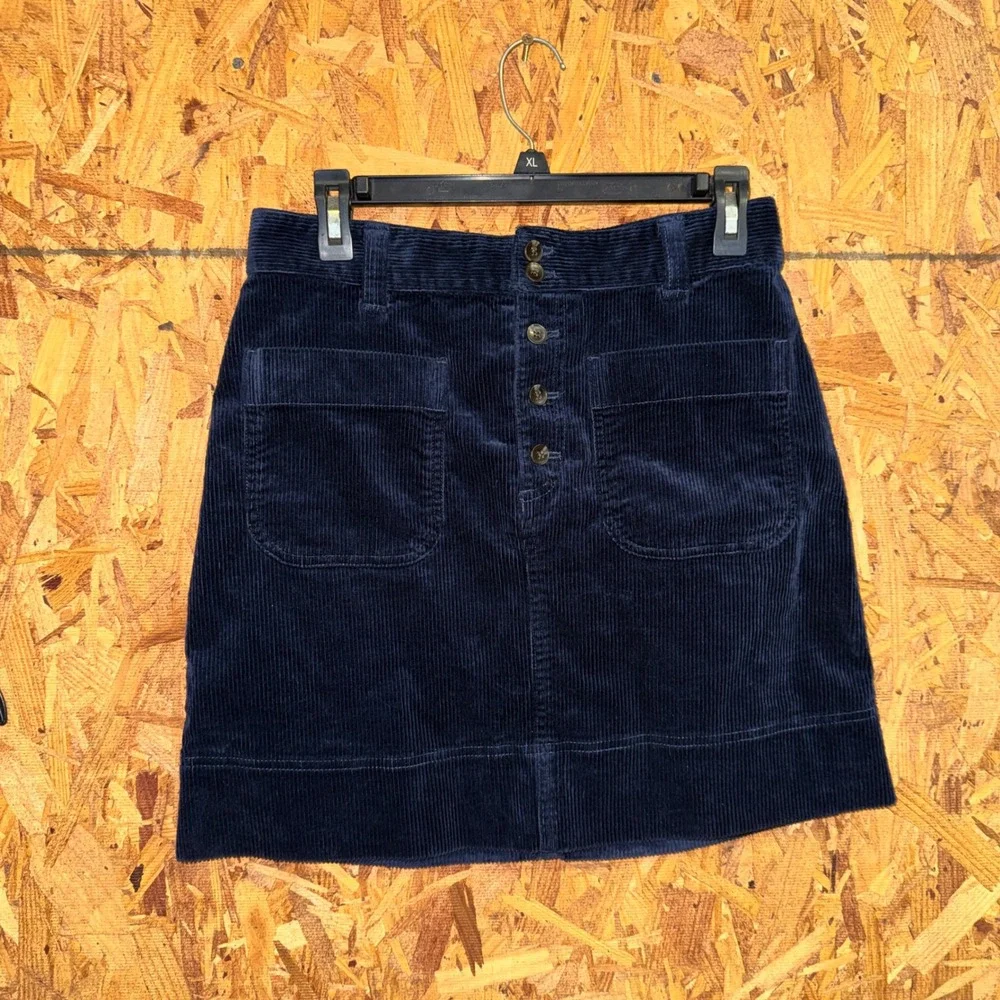 Free Assembly Corduroy A-Line Mini Skirt Pockets Dark Navy Blue Button Fly sz 6 - Picture 1 of 5